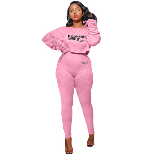 Casual Pink Round Neck Pullover Solid Color Thread Long Sleeve Fold Pit Two-piece Set