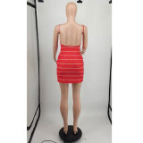 Summer Red Printed Straps Striped Backless Sexy Dress