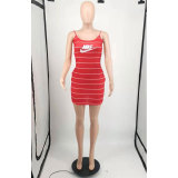 Summer Red Printed Straps Striped Backless Sexy Dress