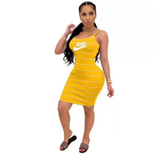 Summer Yellow Printed Straps Striped Backless Sexy Dress