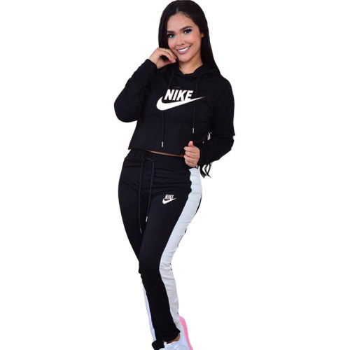 Casual Black Printed Letters Matching Long Sleeve Two Piece Hoodie Sweatpants Set