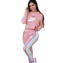 Casual Pink Printed Letters Matching Long Sleeve Two Piece Hoodie Sweatpants Set