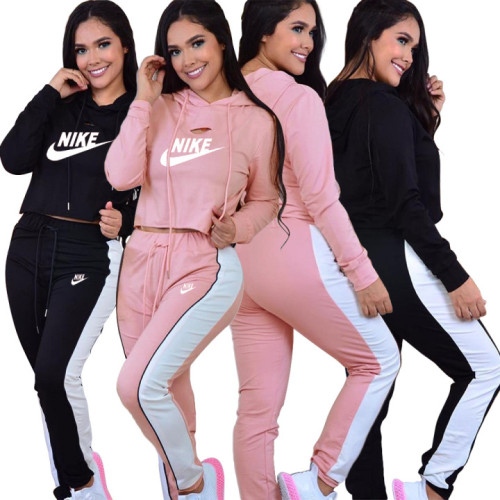 Casual Black Printed Letters Matching Long Sleeve Two Piece Hoodie Sweatpants Set