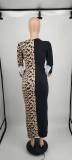 Spring Autumn Round Neck Stitching Leopard Print Maxi Dress