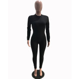 Solid Color Black Zipper Long Sleeve Bodycon Jumpsuit