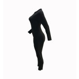 Solid Color Black Zipper Long Sleeve Bodycon Jumpsuit