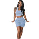 Casual Pale Blue Sleeveless Embroidered Letter Two-Piece Summer Sportswear Set