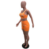 Casual Orange Sleeveless Embroidered Letter Two-Piece Summer Sportswear Set
