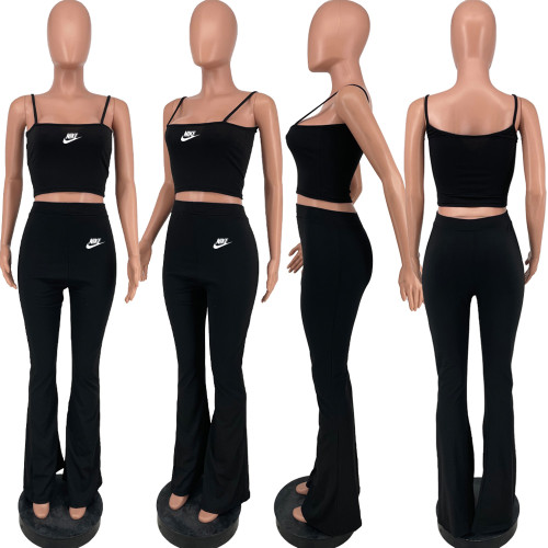Solid Color Black Pyrography Straps Crop Top Flared Pants Casual Women Set