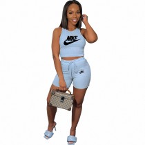 Casual Sky Blue Pyrography Pit Vest Drawstring Shorts 2 Pieces