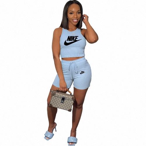 Casual Sky Blue Pyrography Pit Vest Drawstring Shorts 2 Pieces