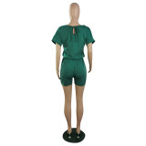 Simple Design Solid Green Short Sleeve Pockets Fake Two Pieces Romper For Women