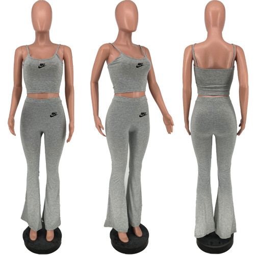 Solid Color Grey Pyrography Straps Crop Top Flared Pants Casual Women Set