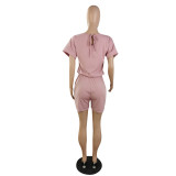 Simple Design Solid Light Pink Short Sleeve Pockets Fake Two Pieces Romper For Women