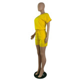 Simple Design Solid Yellow Short Sleeve Pockets Fake Two Pieces Romper For Women