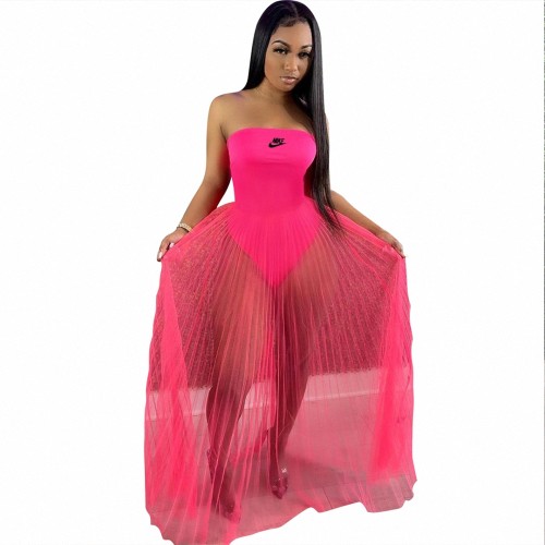 Rose Pyrography Bandeau Sleeveless Sheer Mesh Party Dress