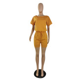 Simple Design Solid Orange Short Sleeve Pockets Fake Two Pieces Romper For Women