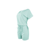 Simple Design Solid Light Green Short Sleeve Pockets Fake Two Pieces Romper For Women