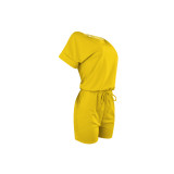 Simple Design Solid Yellow Short Sleeve Pockets Fake Two Pieces Romper For Women