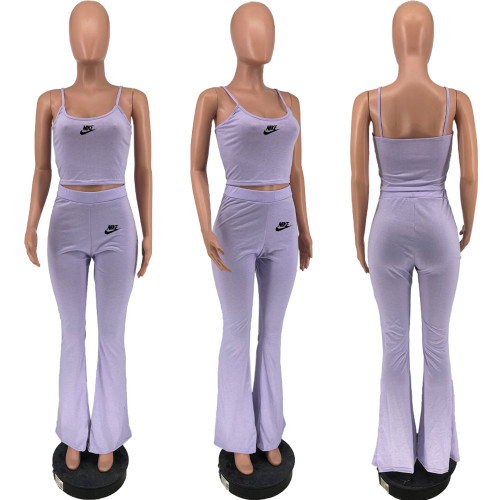 Solid Color Lavender Pyrography Straps Crop Top Flared Pants Casual Women Set