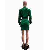 Threaded Solid Fashion Green Plain Two Pieces Short Skirt Set