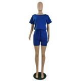 Simple Design Solid Blue Short Sleeve Pockets Fake Two Pieces Romper For Women
