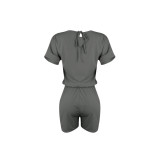 Simple Design Solid Dark Grey Short Sleeve Pockets Fake Two Pieces Romper For Women