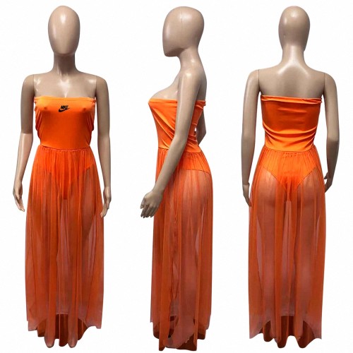Orange Pyrography Bandeau Sleeveless Sheer Mesh Party Dress