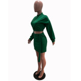 Threaded Solid Fashion Green Plain Two Pieces Short Skirt Set