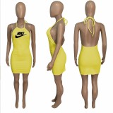 Yellow Pyrography Branded Letter Halter Backless Sexy Dress