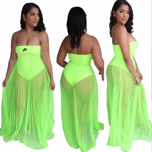Fluorescent Green Pyrography Bandeau Sleeveless Sheer Mesh Party Dress