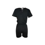 Simple Design Solid Black Short Sleeve Pockets Fake Two Pieces Romper For Women