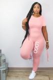 Solid Color Pink Pyrography Crew Neck Short Sleeve Zipper Jumpsuit