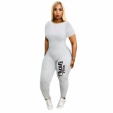 Solid Color Grey Pyrography Crew Neck Short Sleeve Zipper Jumpsuit