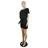 Simple Design Solid Black Short Sleeve Pockets Fake Two Pieces Romper For Women