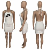 White Pyrography Branded Letter Halter Backless Sexy Dress