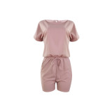 Simple Design Solid Light Pink Short Sleeve Pockets Fake Two Pieces Romper For Women