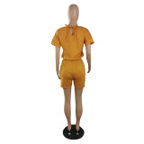 Simple Design Solid Orange Short Sleeve Pockets Fake Two Pieces Romper For Women