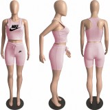 Casual Pink Pyrography Pit Vest Drawstring Shorts 2 Pieces
