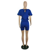 Simple Design Solid Blue Short Sleeve Pockets Fake Two Pieces Romper For Women