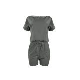 Simple Design Solid Dark Grey Short Sleeve Pockets Fake Two Pieces Romper For Women