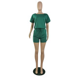 Simple Design Solid Green Short Sleeve Pockets Fake Two Pieces Romper For Women