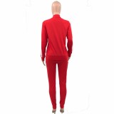 Ladies Casual Red High Neck Embroidered Letter Colorblock Pants Set