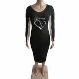 Plus Size Black Women's Clothing Spring Printed Letter Matching Midi Dress