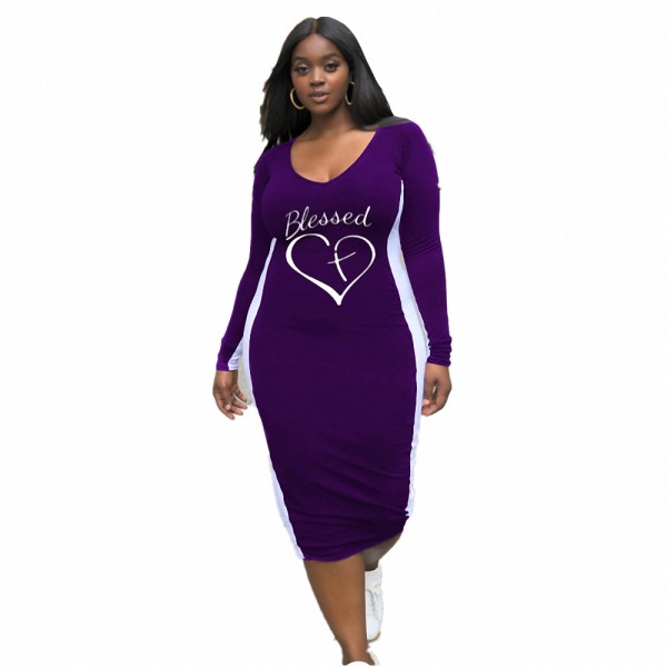 Plus Size Purple Women's Clothing Spring Printed Letter Matching Midi Dress