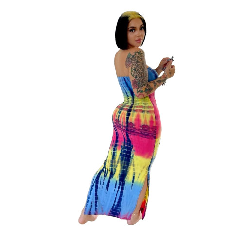 Casual Tie Dye Print Slit Off The Shoulder Sexy Maxi Dress