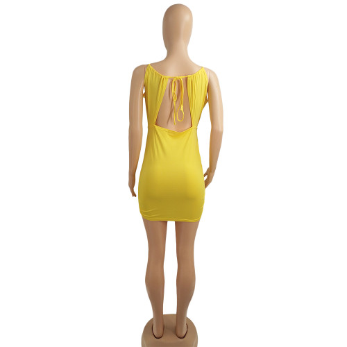 Solid Color Yellow Tube Straps Sexy Pleated Club Dress