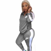 Ladies Casual Grey High Neck Embroidered Letter Colorblock Pants Set