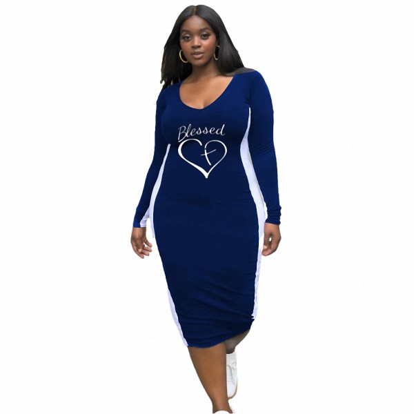 Plus Size Blue Women's Clothing Spring Printed Letter Matching Midi Dress