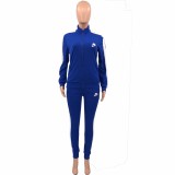 Ladies Casual Blue High Neck Embroidered Letter Colorblock Pants Set